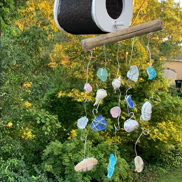 Beach sea glass seashells suncatcher wind chime #3 aqua amber pink blue clear - Picture 12 of 16